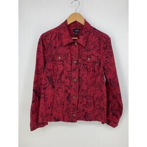 Erika Red Black Paisley Print Button Front Stretch Fitted Denim Jacket Size S